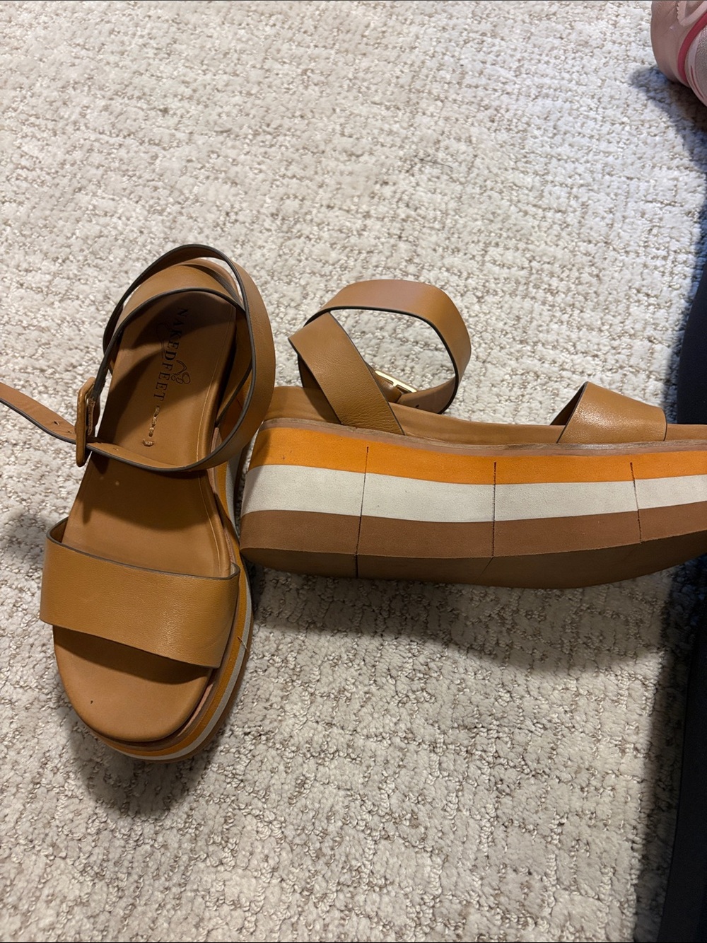 Naked Feet Tan Platform Sandals with Orange, White and Brown Stripes